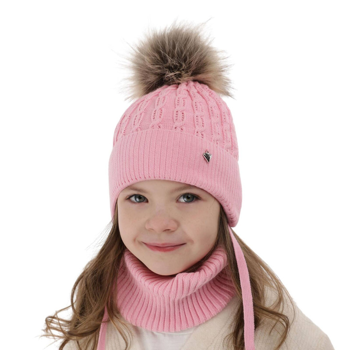 Ensemble d'hiver fille: bonnet et snood, rose, avec pompon, Tukana