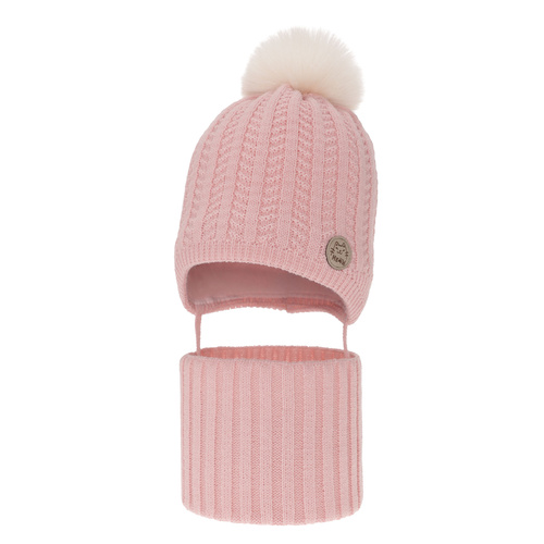 Ensemble d'hiver fille: bonnet et snood, rose, avec pompon, Kenta
