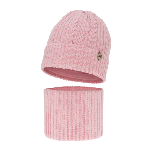Ensemble d'hiver fille: bonnet et snood, rose, avec laine mérinos, Jenny