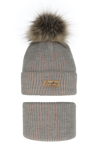 Ensemble d'hiver fille: bonnet et snood, gris, avec pompon, Floryda