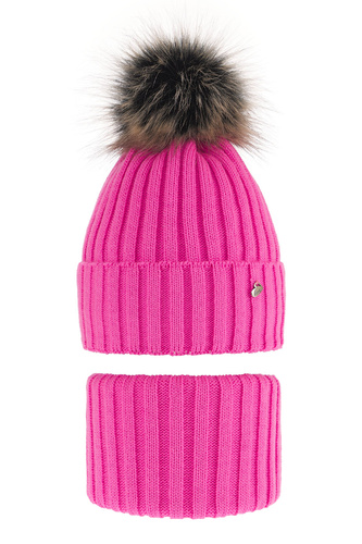 Meisjes winter set muts en buissjaal, roze, met garen pompon, Wilma