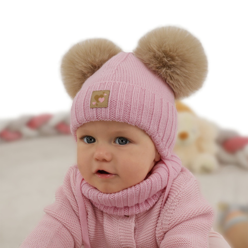 Meisjes muts en col, winter set, grijs, 100% merinowol, gevoerd met wollen fleece, Ronia