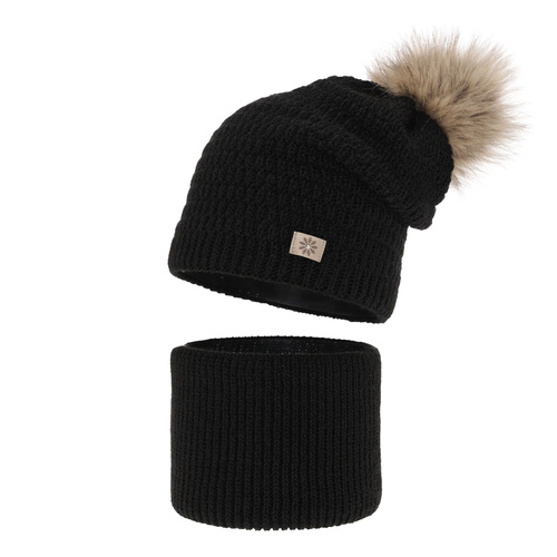Ensemble d'hiver fille: bonnet et snood, noir, avec pompon, Germina