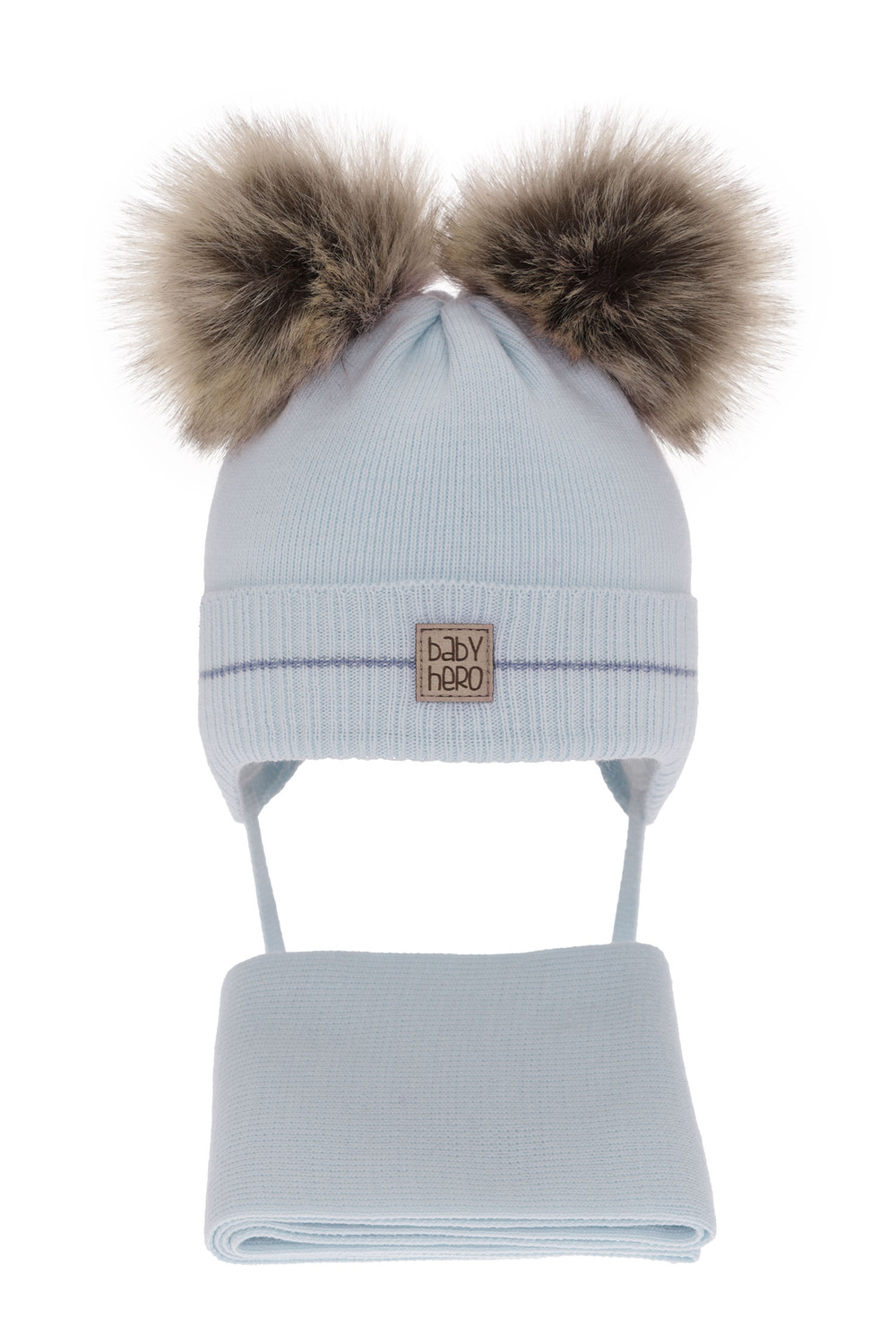 Ensemble d'hiver garçon: bonnet et écharpe, bleu, avec deux pompons, wiązany Melon