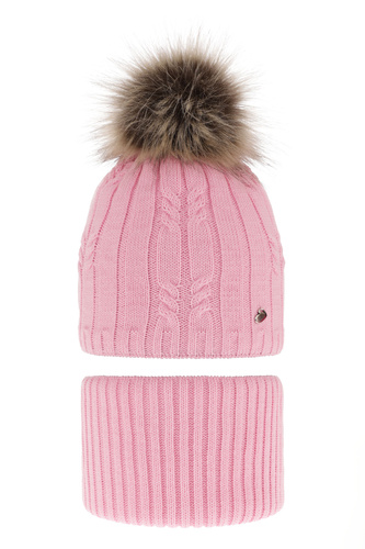 Ensemble d'hiver fille: bonnet et snood, rose, avec pompon, Amaltea