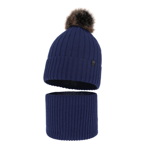 Ensemble d'hiver garçon: bonnet et snood, bleu marine, avec pompon, Relax