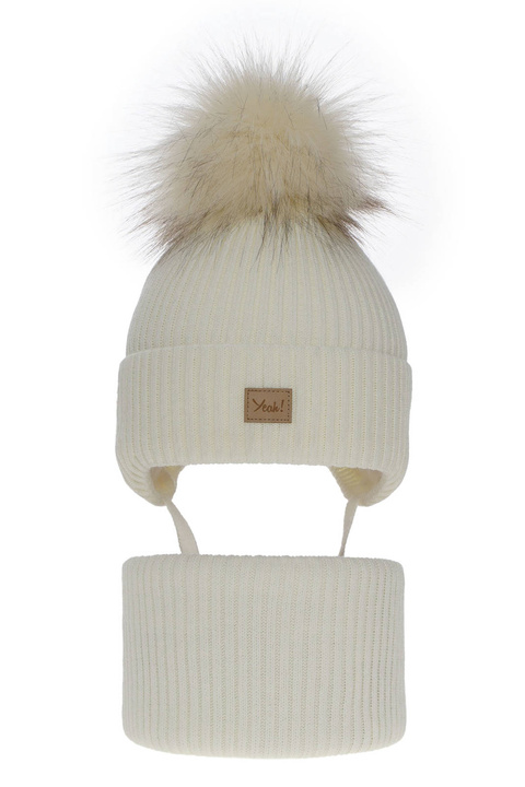 Meisjes winter set muts en buissjaal, crème, met garen pompon, Dilajla
