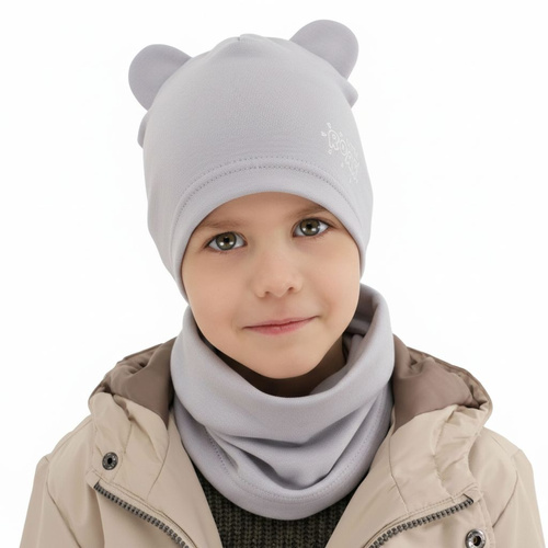 Ensemble automne/printemps garçon: bonnet et snood, gris clair, coton, Cymes