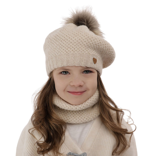 Ensemble d'hiver fille: beret et snood, beige clair, avec pompon, Francesca