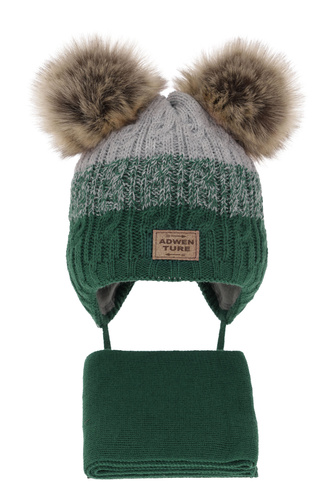 Ensemble d'hiver garçon: bonnet et écharpe, vert, avec deux pompons, Platon