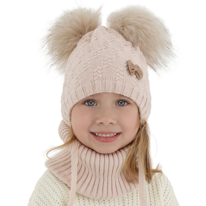 Ensemble d'hiver fille: bonnet et snood, rose, avec deux pompons, avec liens, Bettina