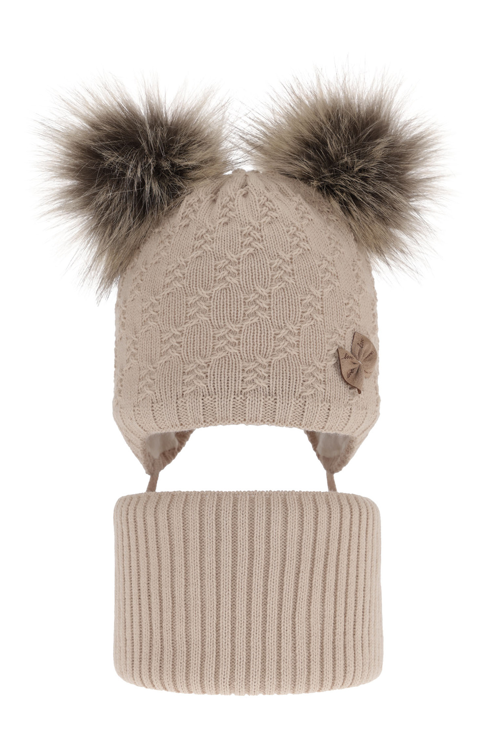 Ensemble d'hiver fille: bonnet et snood, beige, avec deux pompons, avec liens, Bettina