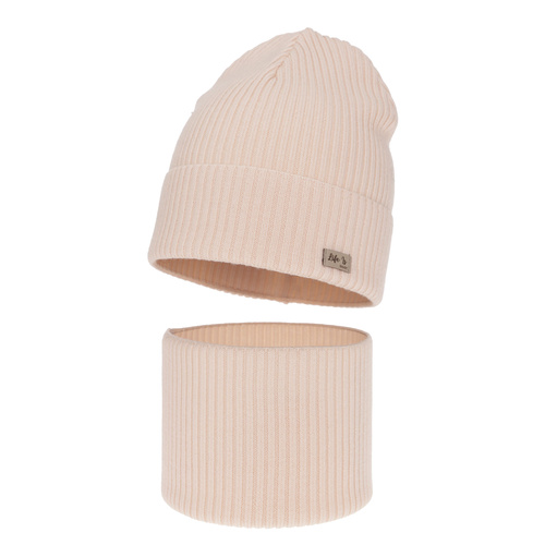 Ensemble automne/printemps fille: bonnet et snood, rose clair, avec laine mérinos, Itra