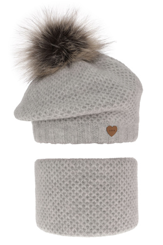 Ensemble d'hiver fille: beret et snood, gris clair, avec pompon, Francesca