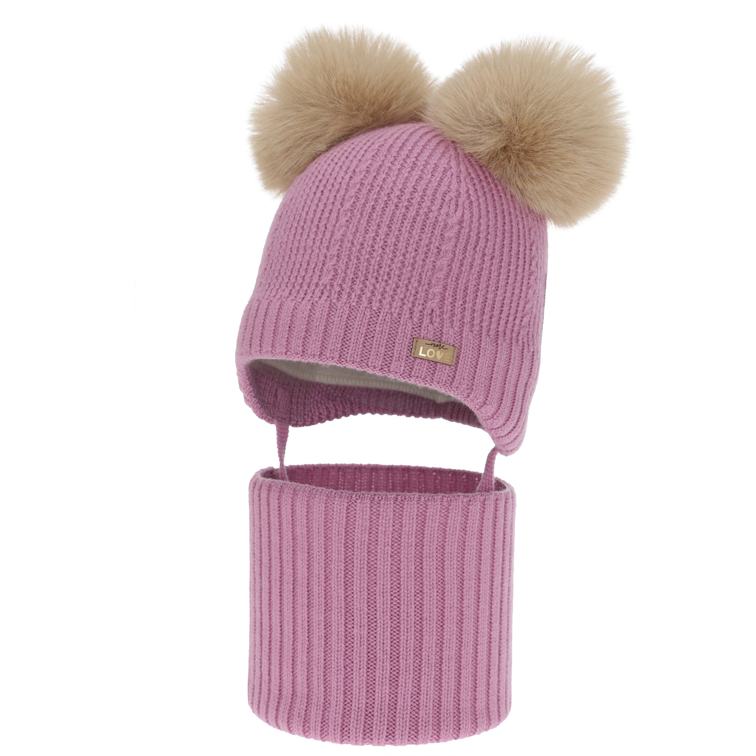 Meisjes muts en col, winter set, paars, 100% merinowol, gevoerd met wollen fleece, Lumia