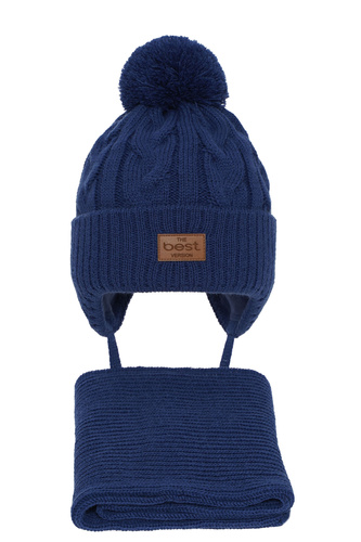 Jongens winter set muts en sjaal, blauw, met garen pompon, met bindkoorden, Remix