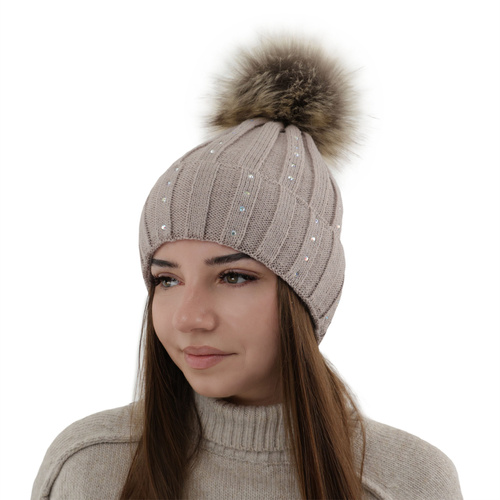 Bonnet d'hiver femme, crème, avec pompon, Mada