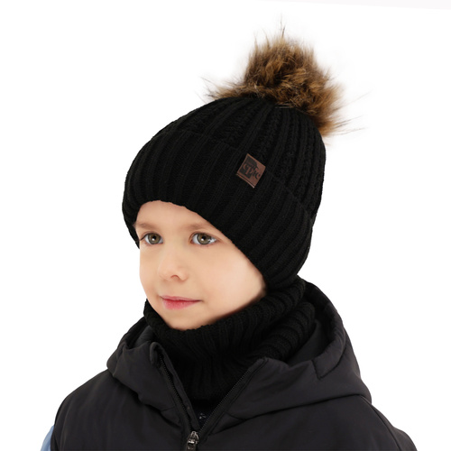 Ensemble d'hiver garçon: bonnet et snood, beige, avec pompon, Lars