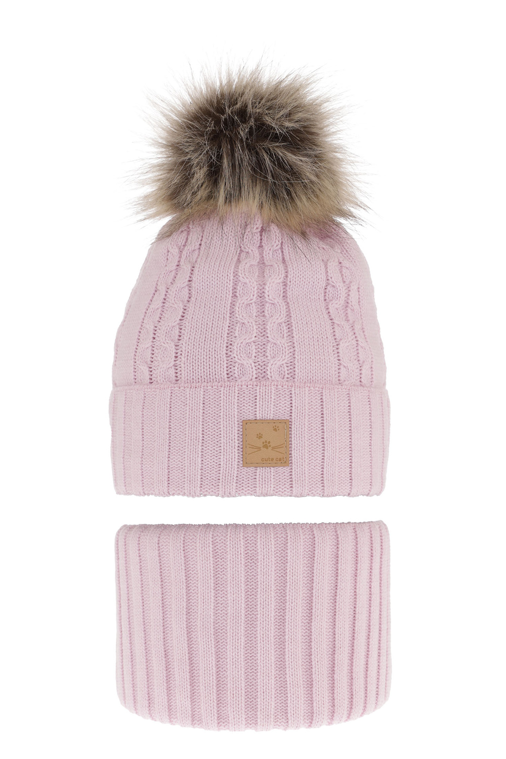 Ensemble d'hiver fille: bonnet et snood, liliowy, avec pompon, Alexia