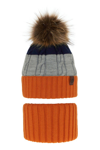 Jongens winter set muts en buissjaal, oranje, met garen pompon, Karmel