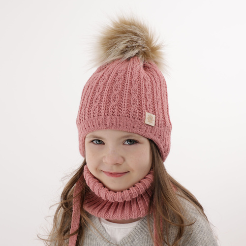 Ensemble d'hiver fille: bonnet et snood, rose, avec pompon, avec liens, Passa