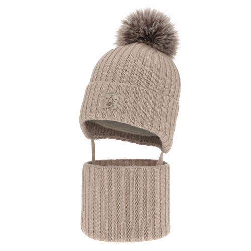 Ensemble d'hiver fille: bonnet et snood, beige, avec laine mérinos, doublé de polaire, Martina