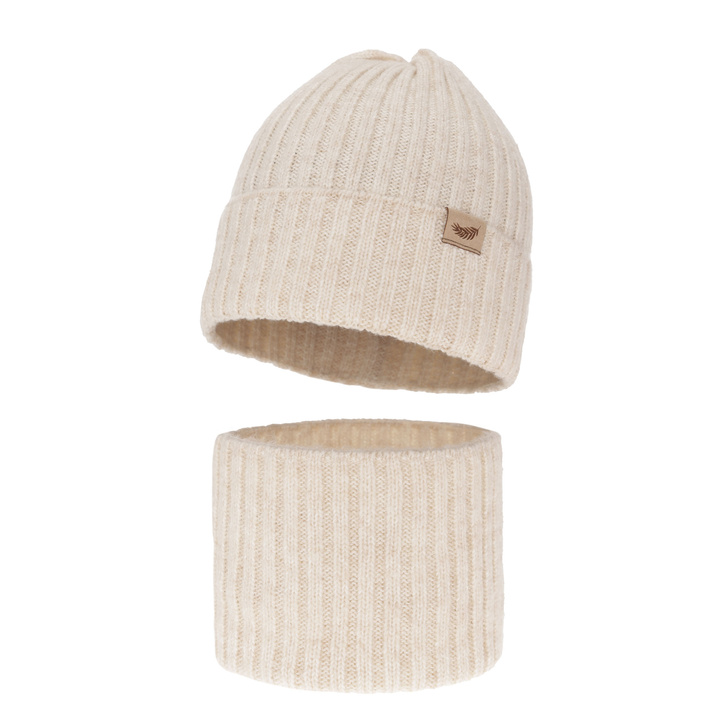 Ensemble d'hiver fille: bonnet et snood, beige clair, avec laine mérinos, Karmina