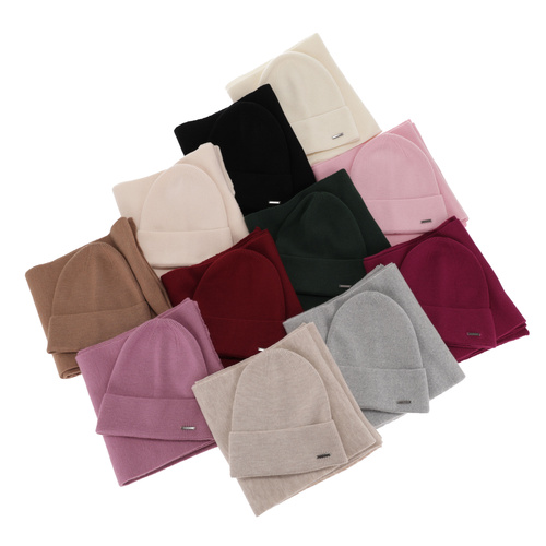 Ensemble d'hiver femme: bonnet et écharpe, rose clair, avec laine mérinos, Melpomena