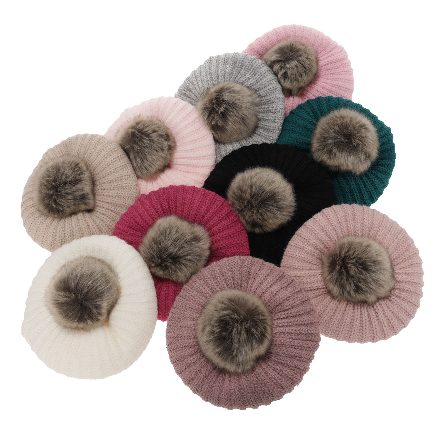 Ensemble d'hiver fille: béret et snood, crème, avec pompon, Polinezja