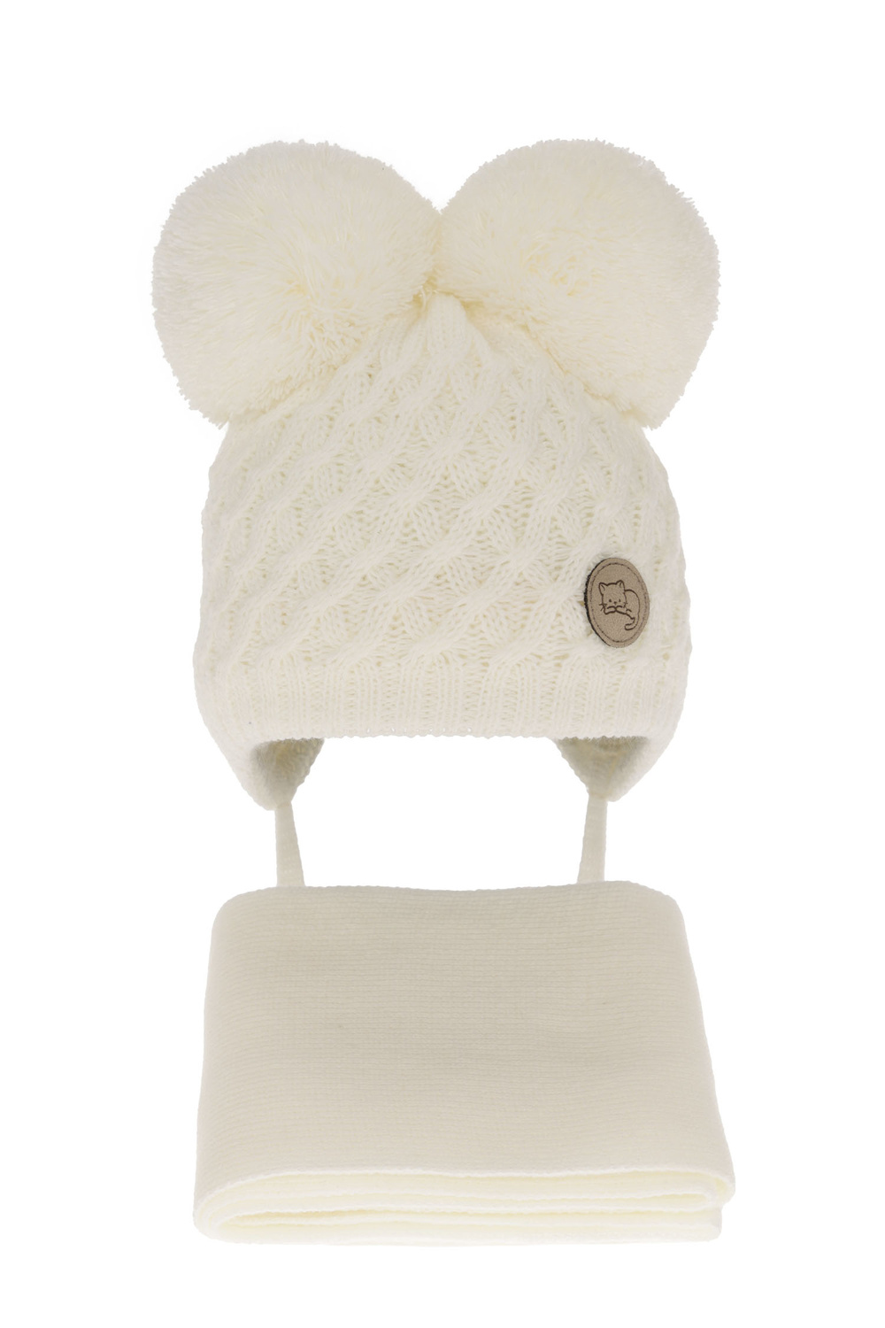 Ensemble d'hiver fille: bonnet et écharpe, crème, avec deux pompons, avec liens, Anava