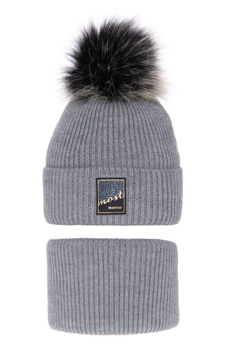 Meisjes winter set muts en sjaal, grijs, met garen pompon, Sycylia