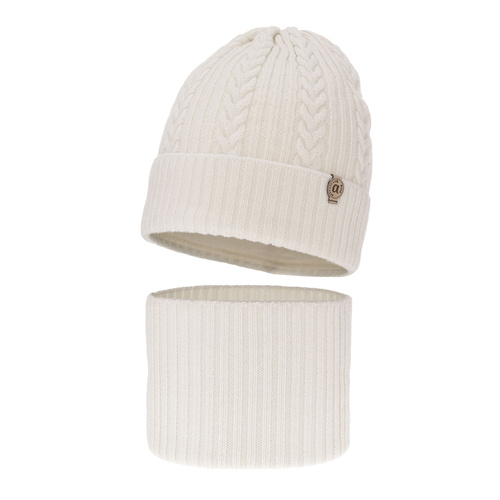 Ensemble d'hiver fille: bonnet et snood, blanc, avec laine mérinos, Jenny