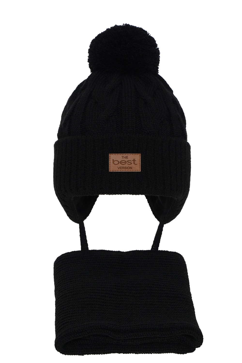 Jongens winter set muts en sjaal, zwart, met garen pompon, met bindkoorden, Remix