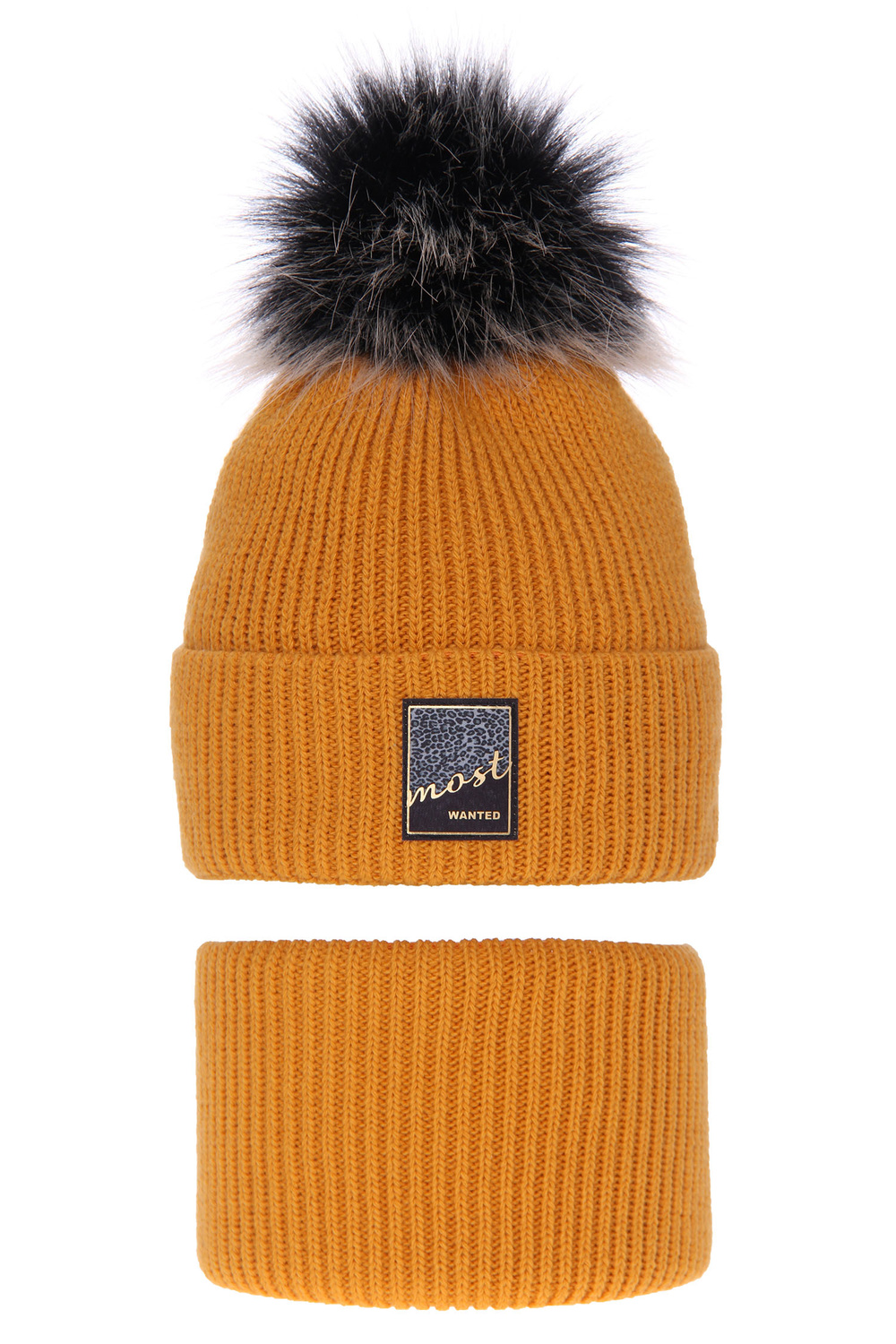 Meisjes winter set muts en buissjaal, honing, met garen pompon, Sycylia