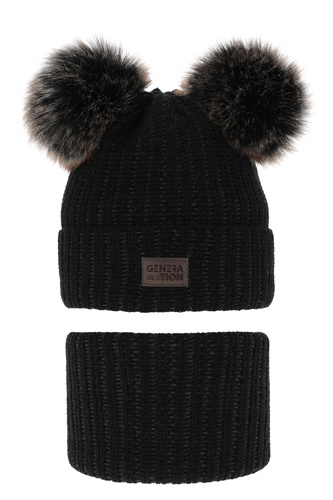 Ensemble d'hiver garçon: bonnet et snood, noir, avec deux pompons, Tokio