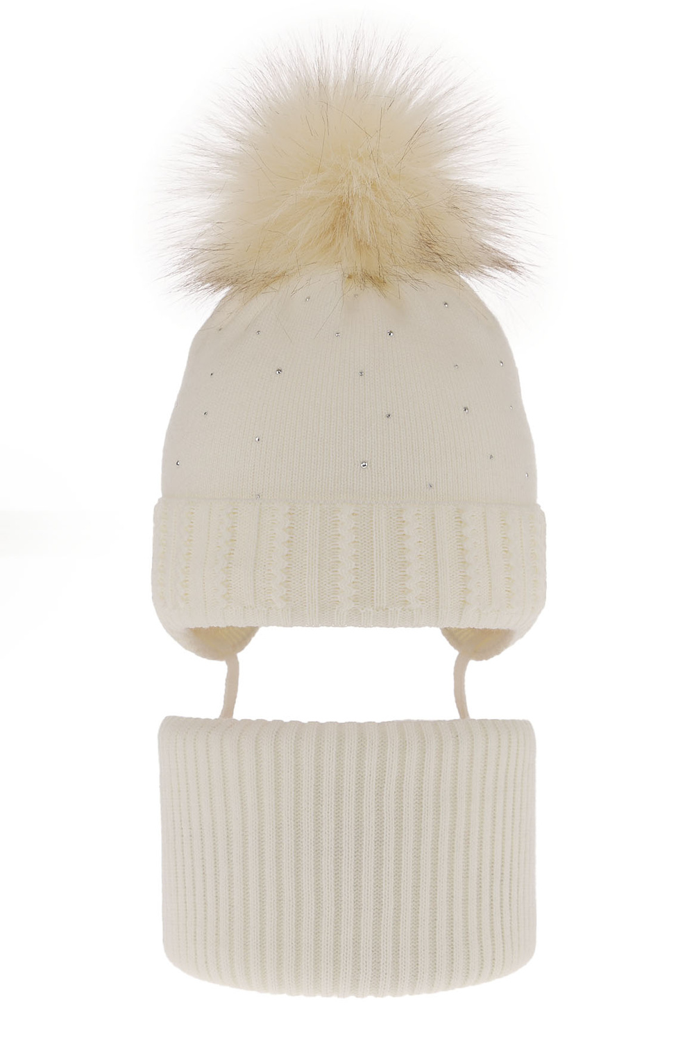 Ensemble d'hiver fille: bonnet et snood, crème, avec pompon, Renia