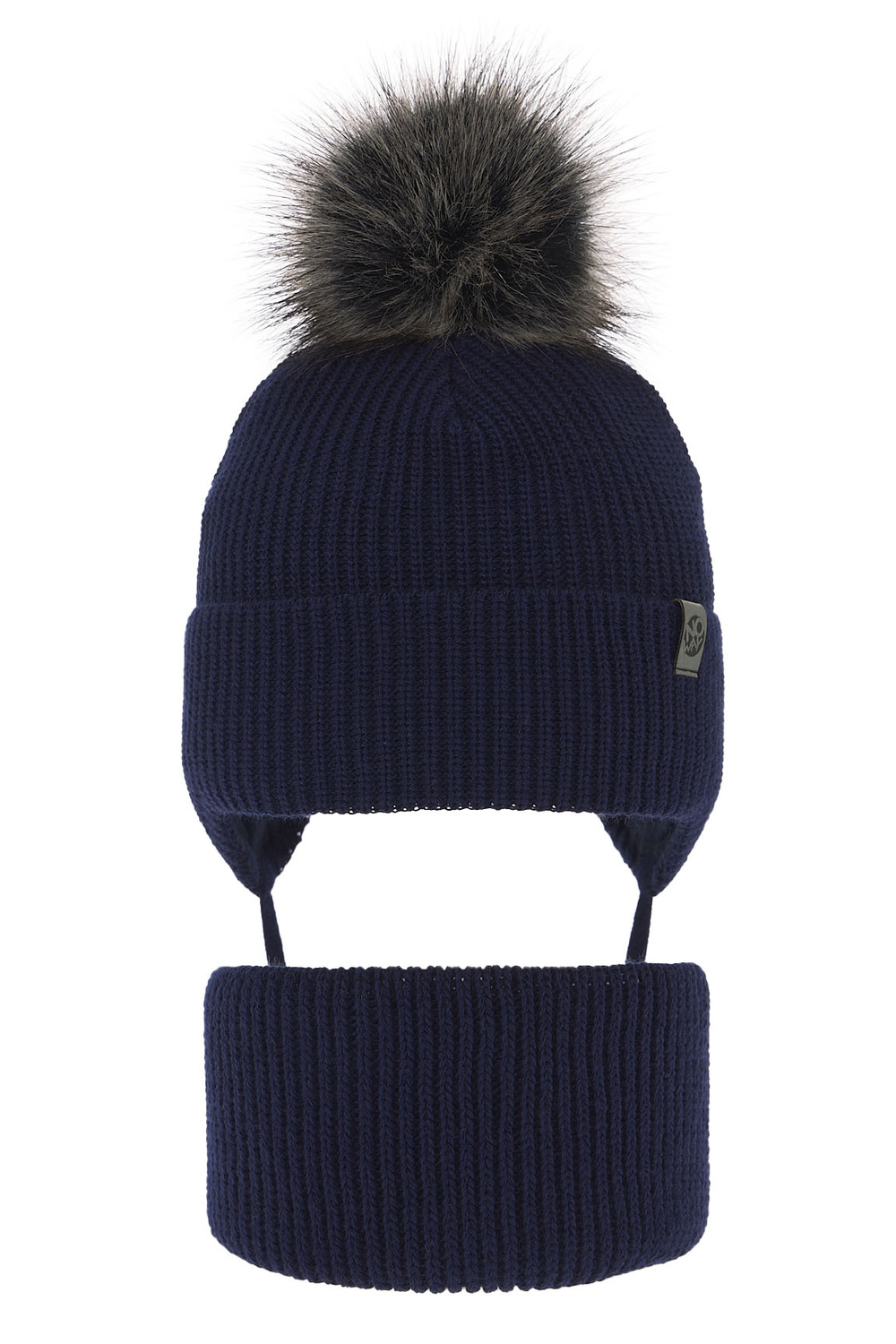 Ensemble d'hiver garçon: bonnet et snood, bleu marine, avec liens, avec pompon, Honed