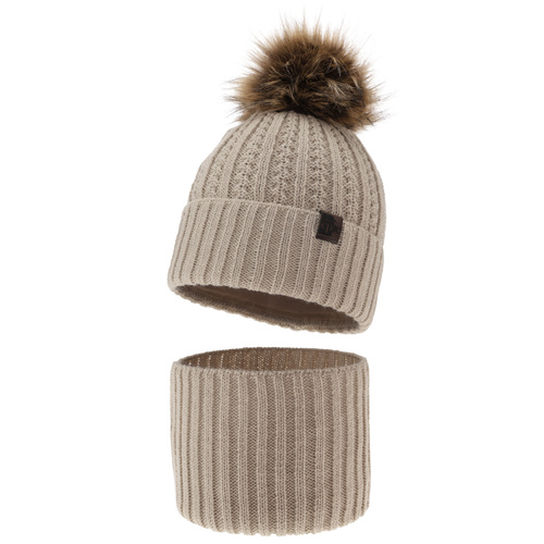 Ensemble d'hiver garçon: bonnet et snood, beige, avec pompon, Lars