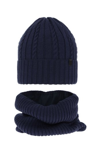 Ensemble d'hiver garçon: bonnet et snood, bleu marine, avec laine mérinos, Kairo