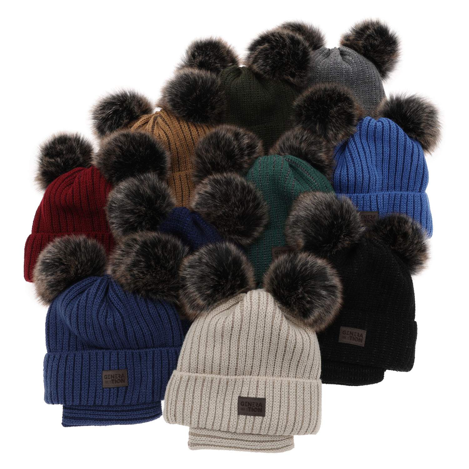 Ensemble d'hiver garçon: bonnet et snood, bleu, avec deux pompons, Tokio