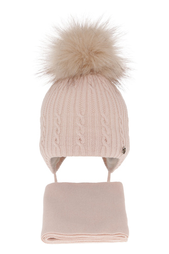 Ensemble d'hiver fille: bonnet et écharpe, beige, avec pompon, Amana