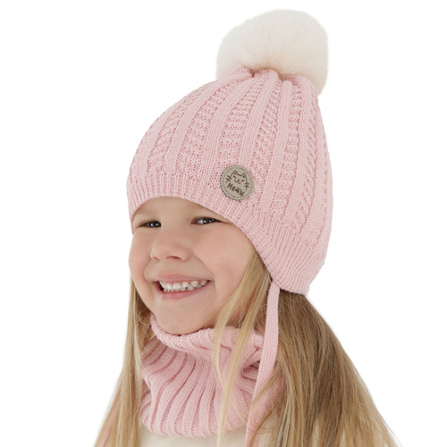 Ensemble d'hiver fille: bonnet et snood, crème, avec pompon, Kenta