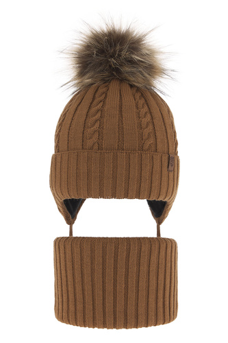 Ensemble d'hiver garçon: bonnet et snood, camel, avec pompon, avec liens, Peter