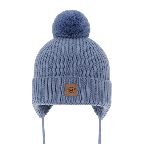 Bonnet d'hiver garçon, bleu, avec laine mérinos, doublé de coton, avec liens, Tofik