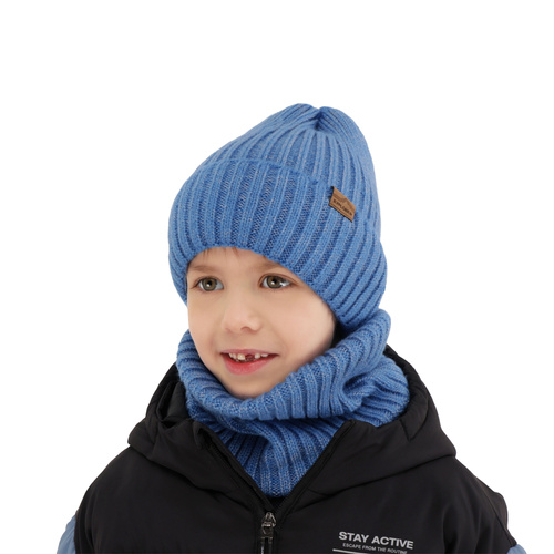 Ensemble d'hiver garçon: bonnet et snood, bleu, avec laine mérinos, Karmin