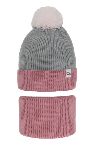 Meisjes winter set muts en buissjaal, roze, met garen pompon, Rosalin