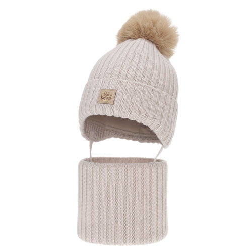 Meisjes winter set: muts en buissjaal, beige, 100% merino wol, met bindkoorden, gevoerd met katoen, Malesia