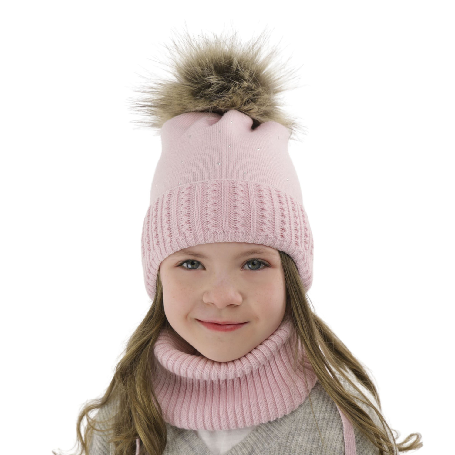 Ensemble d'hiver fille: bonnet et snood, lilas, avec pompon, Renia
