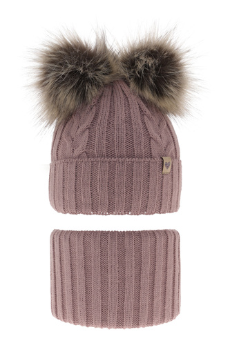 Ensemble d'hiver fille: bonnet et snood, violet, avec deux pompons, Amala
