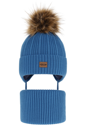 Ensemble d'hiver garçon: bonnet et snood, bleu, avec pompon, Eger